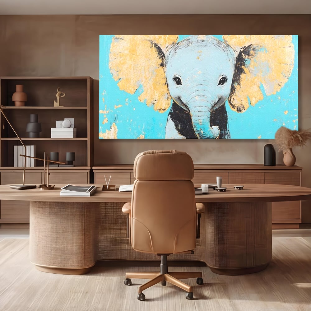 Tablou canvas cu tablou canvas cu un pui de elefant, fara rama, pe sasiu de lemn, pe perete intr-un birou